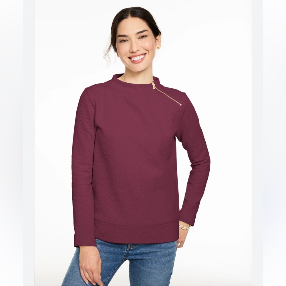 NWT Talbots Plus 3X maroon Cable Knit Funnel Neck Zip Pullover sweater top fall